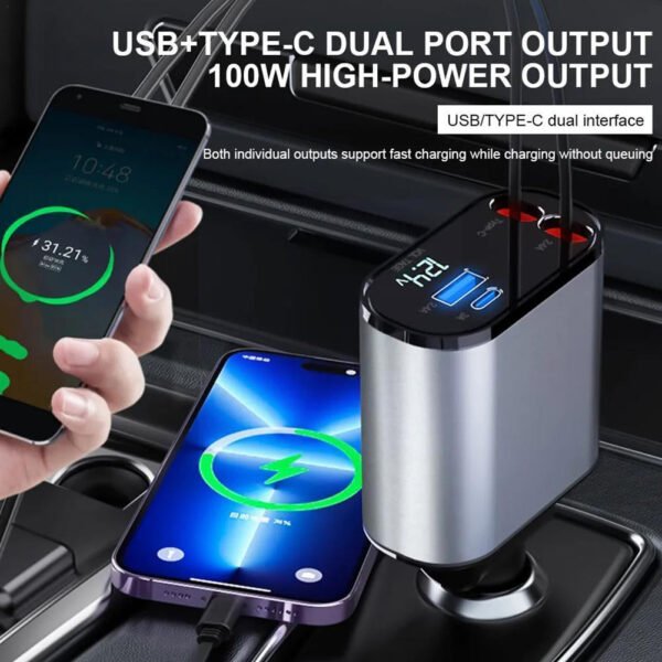 4 In 1 Retractable 120W Super Fast Car Charger - Image 2