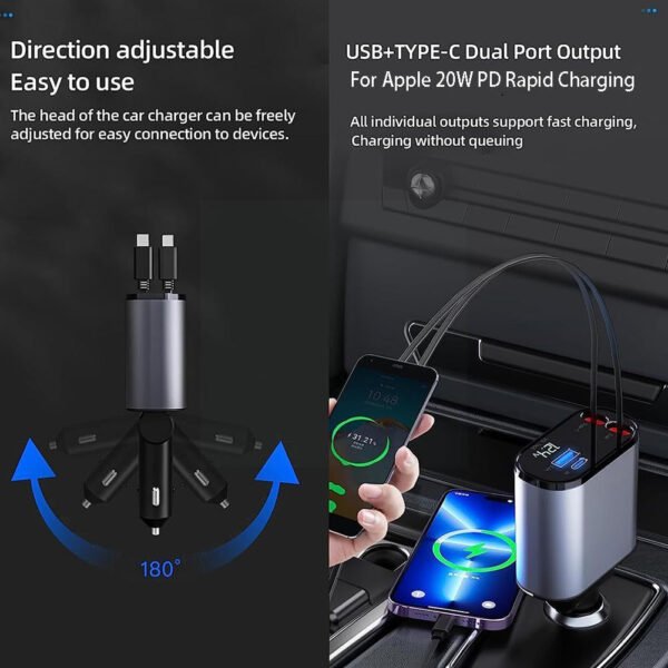 4 In 1 Retractable 120W Super Fast Car Charger